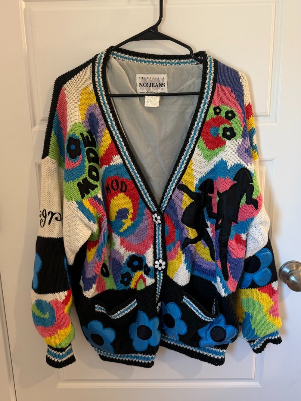 Vintage NO! Jeans Cardigan Mod 60s Flower Power Pop Art Oversized Sweater OS